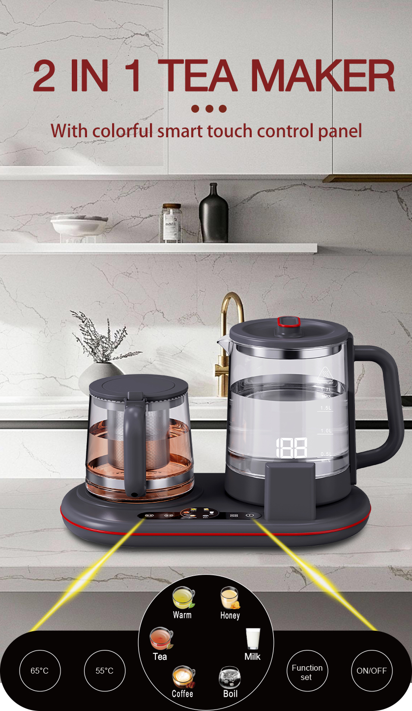 새로운 낮은 와트 현대 유지 따뜻한 차 메이커 기계 휴대용 Thermopot 유리 호텔 주전자 트레이 세트 1.7L + 1.1L 전기 주전자