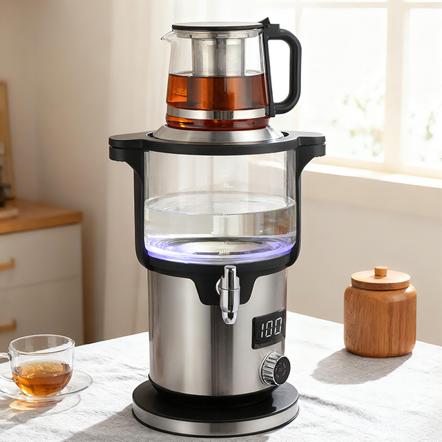 CE/CB 승인 5.6L 용량 대형 사모바르 고 붕소 유리 주전자 따뜻한 기능 유지 이중 보일러 냄비 터키 차 메이커 주전자