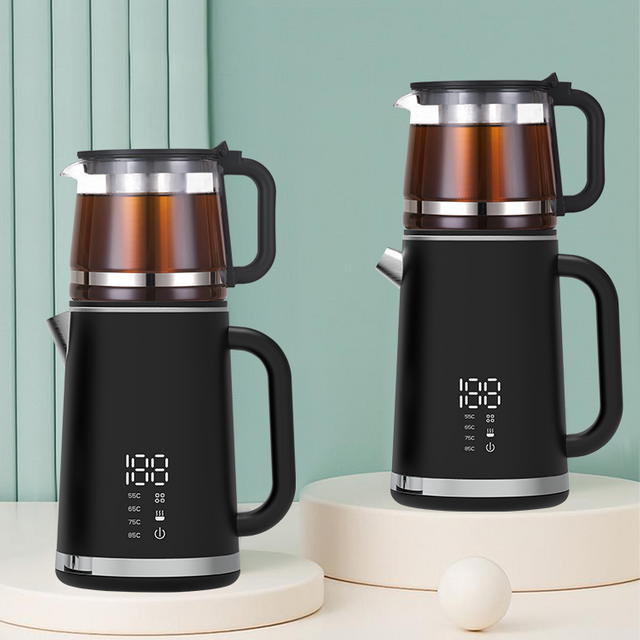 Yuekon 1.5L+1.1L 전자식 주전자 유리 주전자 및 주전자 2 인트 온도 제어 기능이있는 이중 레이어 차 메이커