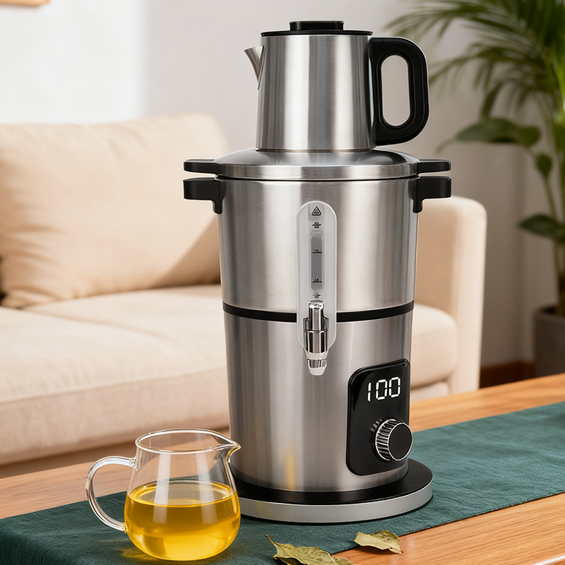 가전 ​​제품 더블 레이어 스테인레스 스틸 전기 주전자 자동 차 메이커 페르시아 사모바르 차 주전자 2 in 1 Silver Samovar