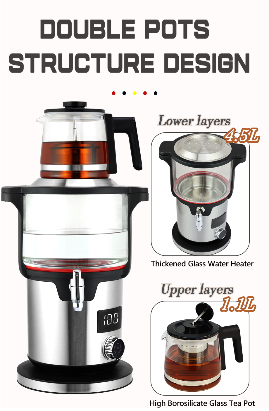 전기 및 가전 제품 4.5L +1.1L 디지털 전기 이중 차 메이커 사모바르 러시아어 유리 주전자 포함