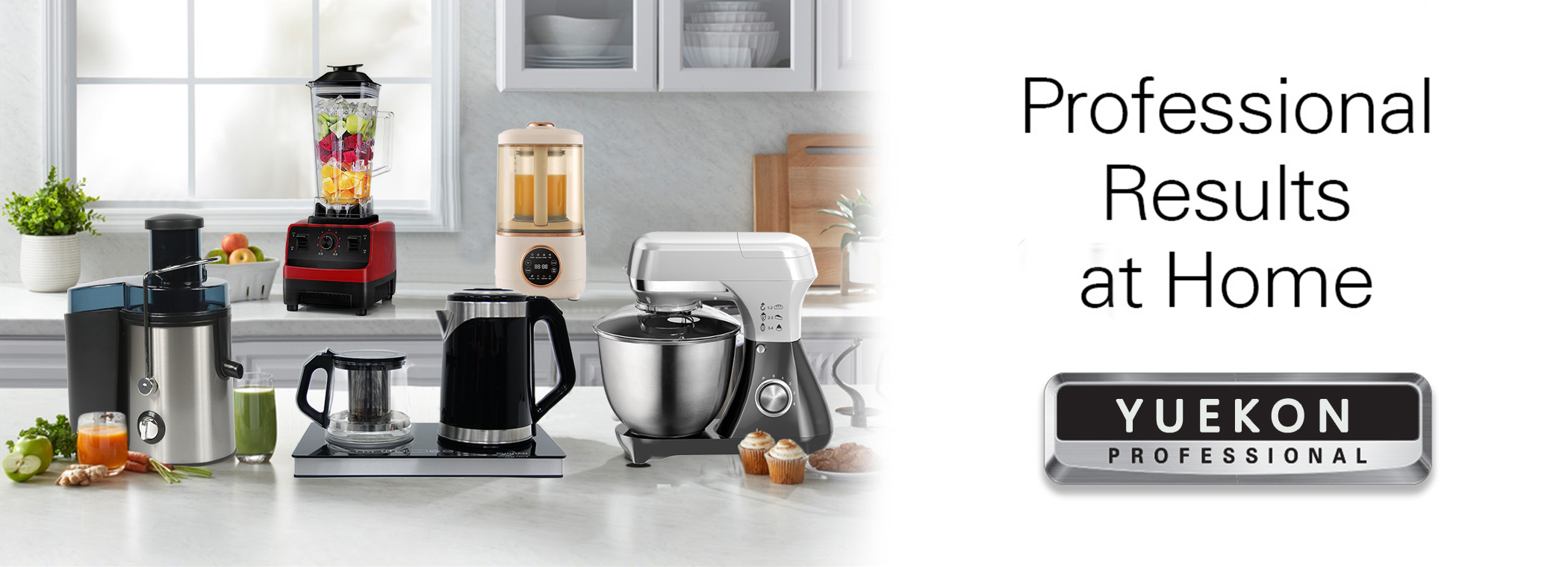 전문가 수준의 가전제품을 제공하려는 Zhongshan Yuekon Electrical Appliances Co., Limited의 노력을 나타내는 \'Professional Results at Home\' 및 \'YUEKON PROFESSIONAL\'이라는 텍스트가 포함된 이미지.
