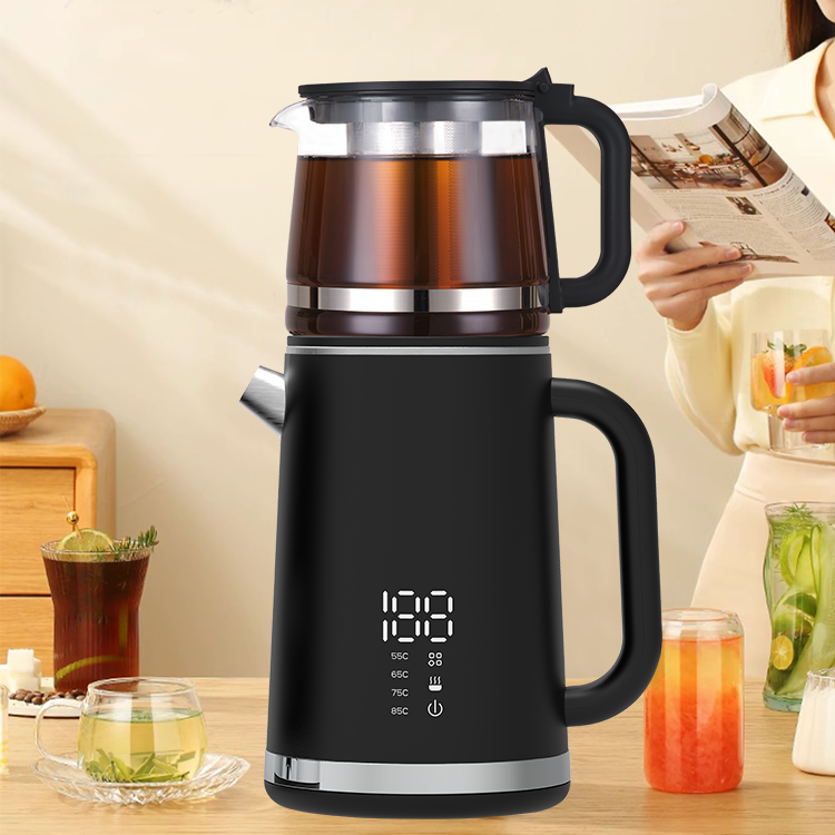 Yuekon 1.5L+1.1L 전자식 주전자 유리 주전자 및 주전자 2 인트 온도 제어 기능이있는 이중 레이어 차 메이커