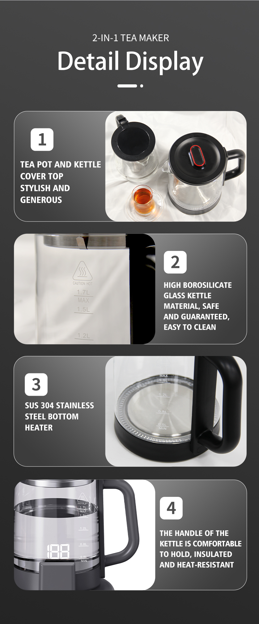 새로운 낮은 와트 현대 유지 따뜻한 차 메이커 기계 휴대용 Thermopot 유리 호텔 주전자 트레이 세트 1.7L + 1.1L 전기 주전자