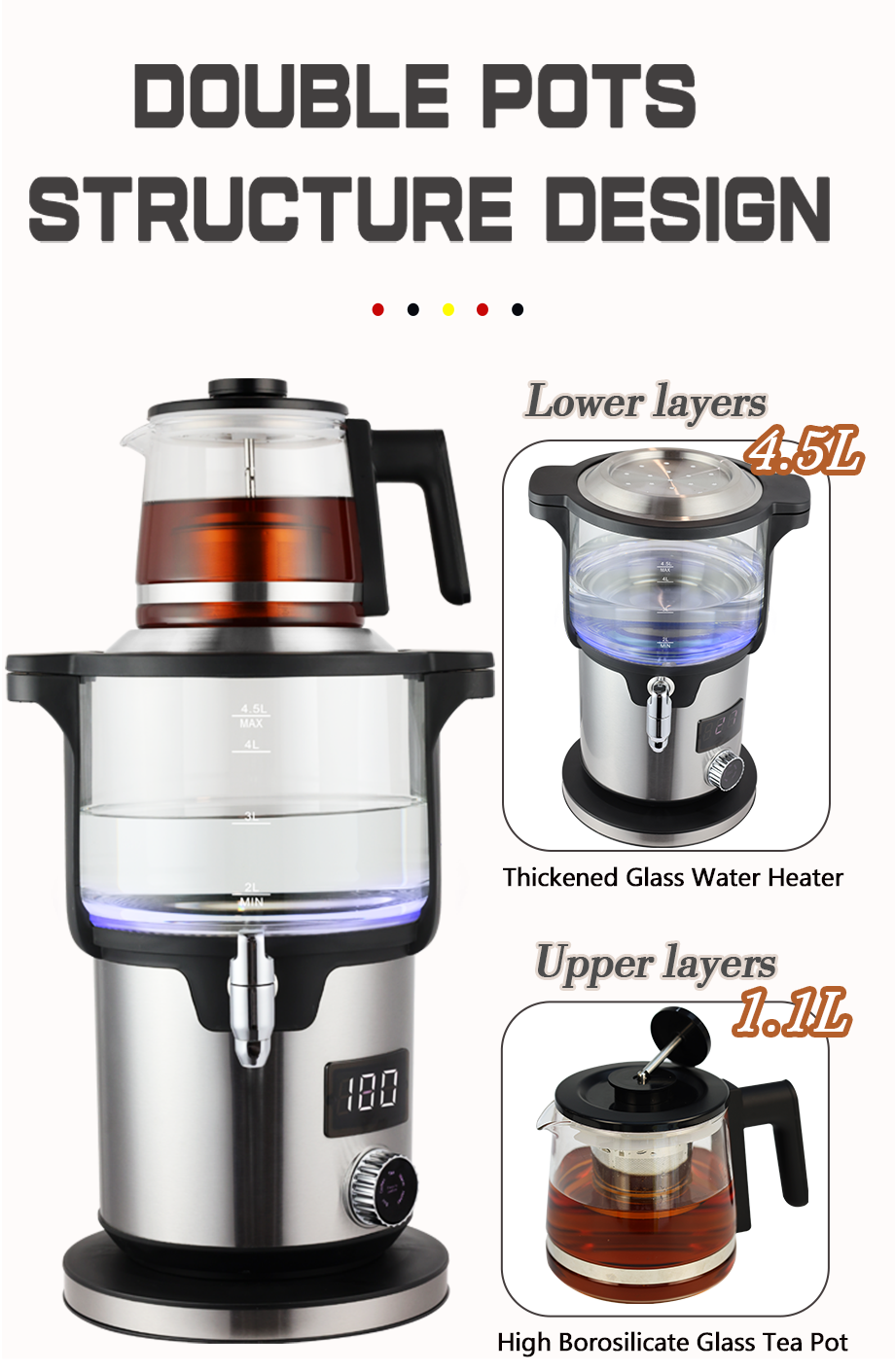 4.5 + 1.1L 스마트 더블 레이어 차 메이커 기계 2000W 가정용 손잡이 터키 차 주전자 끓는 물에 대 한 전기 무선 주전자