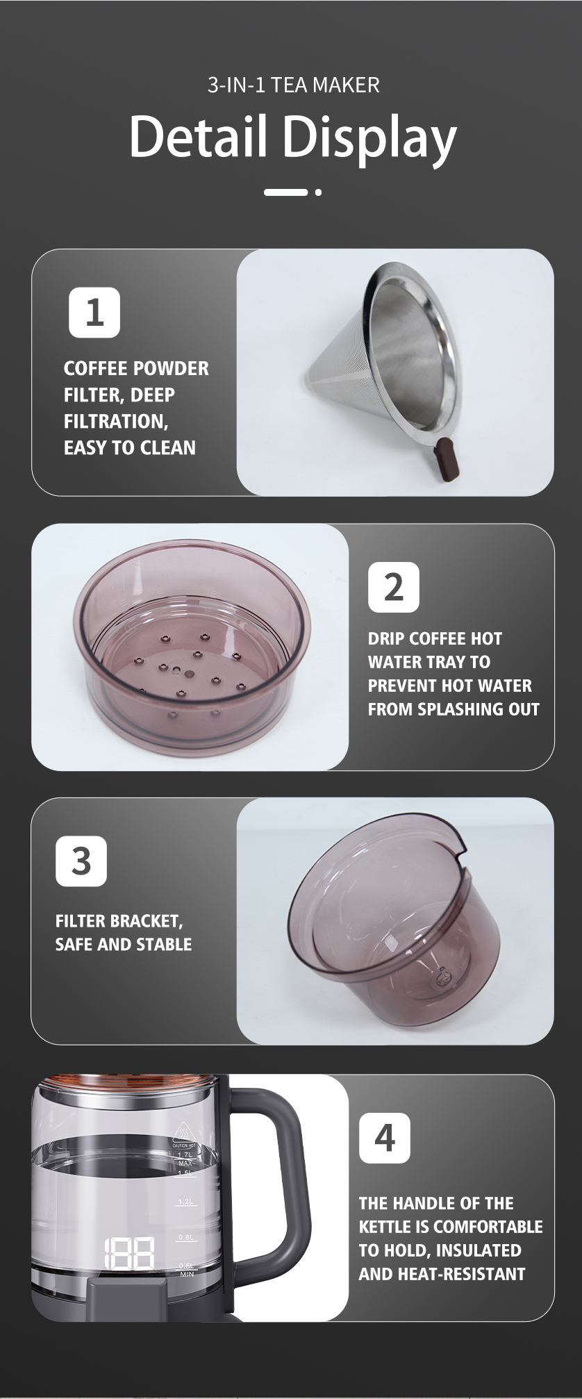 3-in-1 지능형 디지털 주전자 터치 컨트롤 온도 설정 스마트 제어판 가족 커피 및 차 양조 주전자