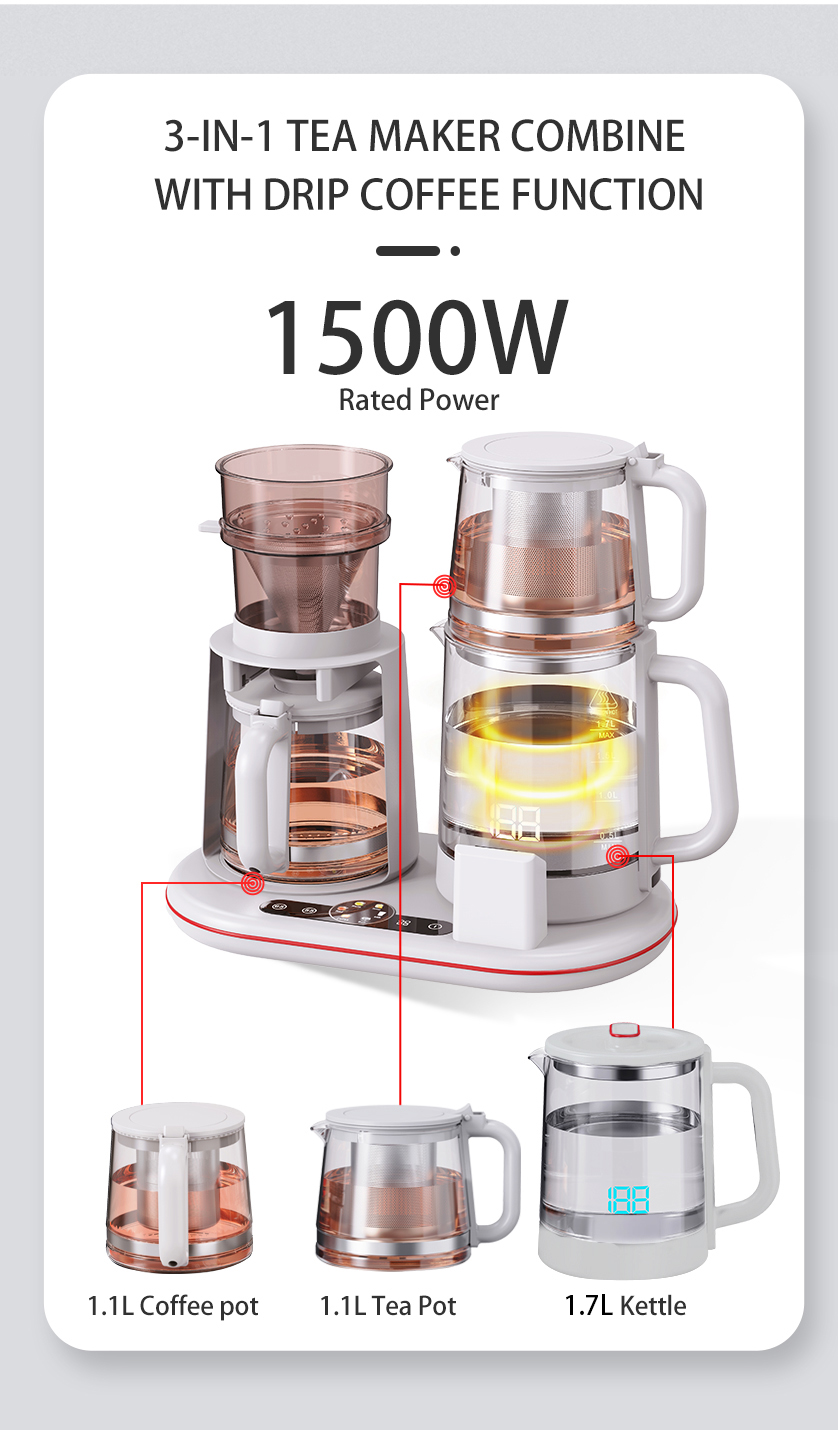 1500W 다기능 유리 주전자 스마트 무선 더블 주전자 전기 주전자 커피 포트 세트 온도 조절 디지털