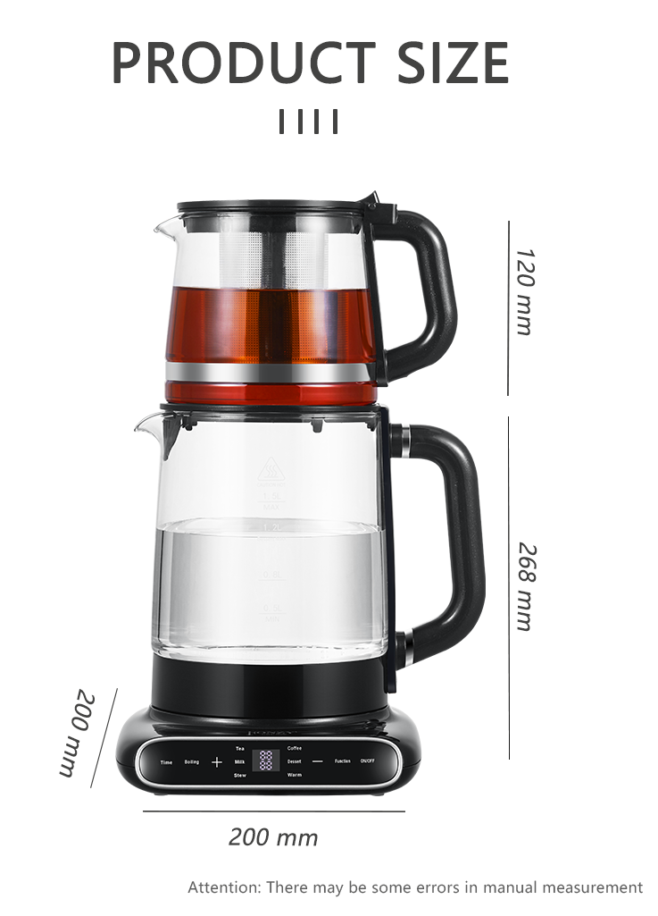 1.5L+1.1L 더블 레이어 유리 본체 가정용 주방용 차 필터가 포함된 무선 주전자 