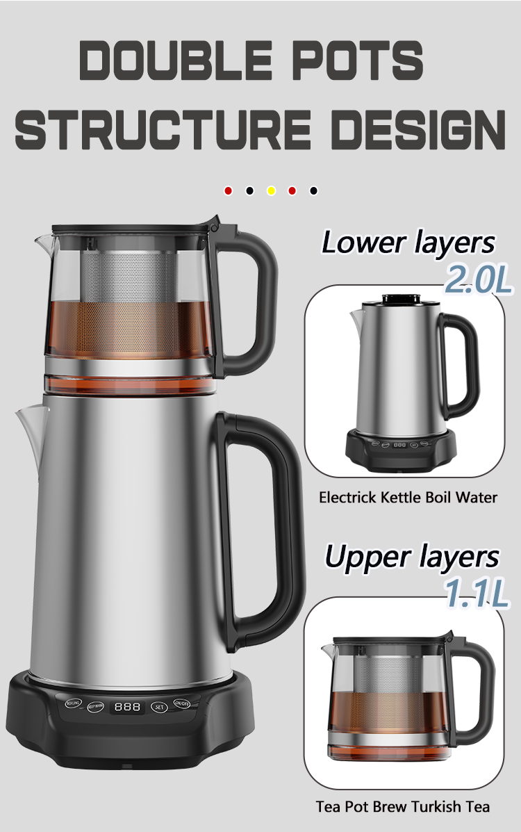 1500W 듀얼 주전자 물 난방 터치 컨트롤 디지털 차 메이커 전기 스틸 스틸 Samovar 터키 차 주전자