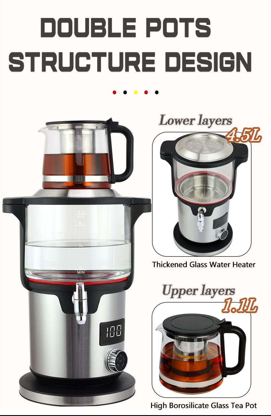 중동 아랍어 투명한 온수기 온도 조절베이스가있는 터키 차 메이커 Infuer가있는 Samovar Double Tea Maker