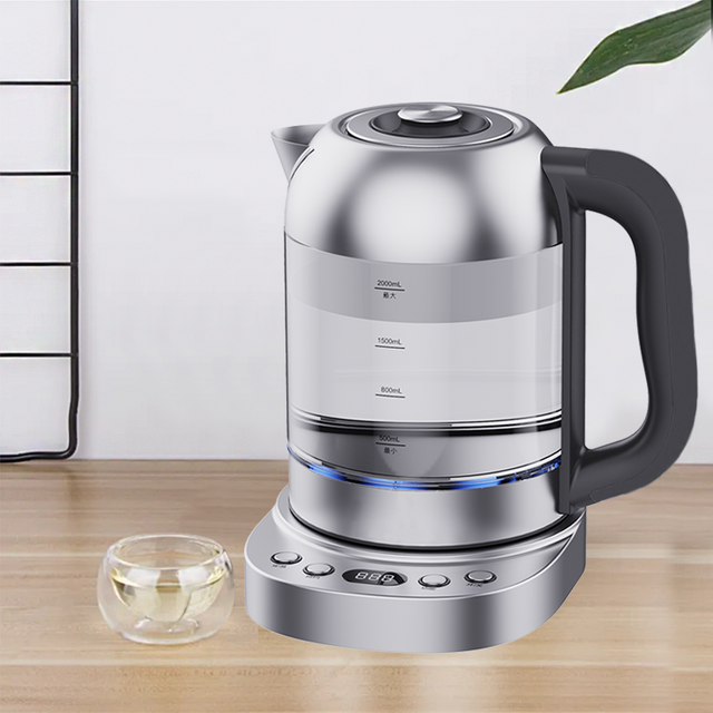 2.0l 무선 주전자 360 회전 베이스의 디지털 제어 기능이 있는 전기 고붕규산 유리 주전자 스마트 유리 전기 주전자