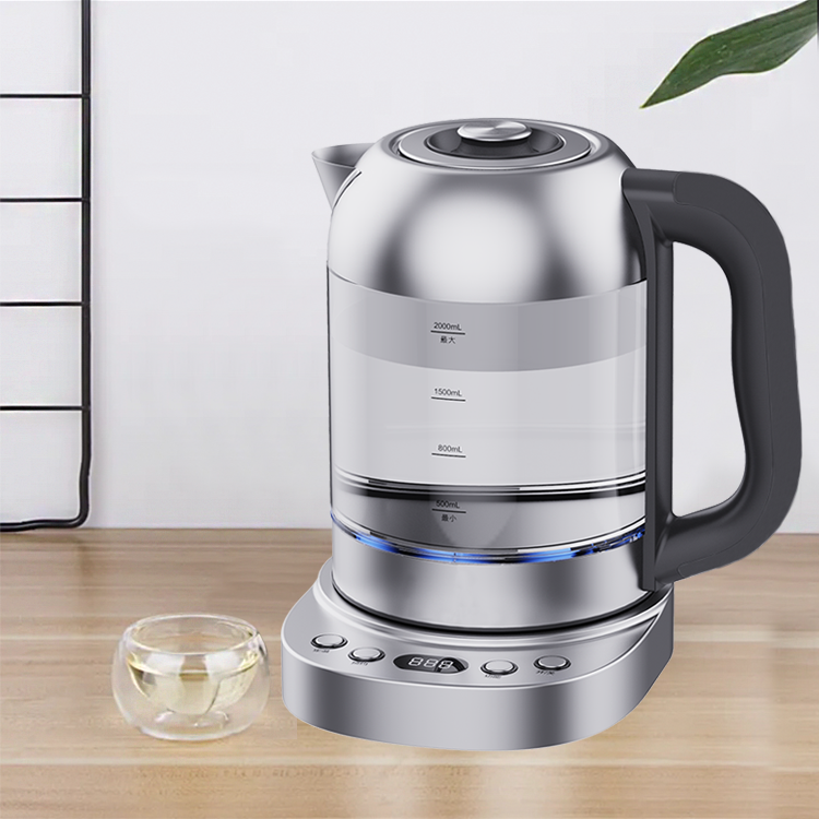 2.0l 무선 주전자 360 회전 베이스의 디지털 제어 기능이 있는 전기 고붕규산 유리 주전자 스마트 유리 전기 주전자
